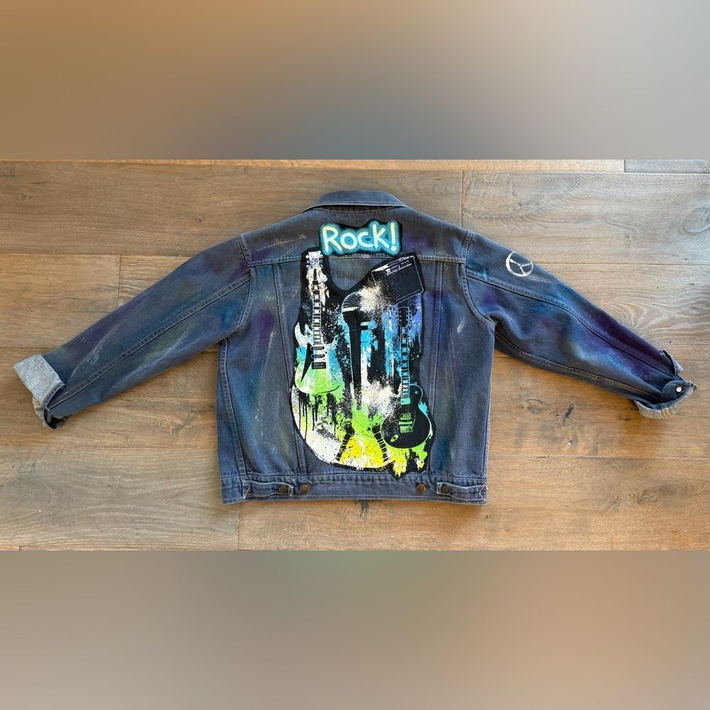 Artist Painted Vintage '80s Rock Guitar Peace Women’s Denim Jacket ~ Medium